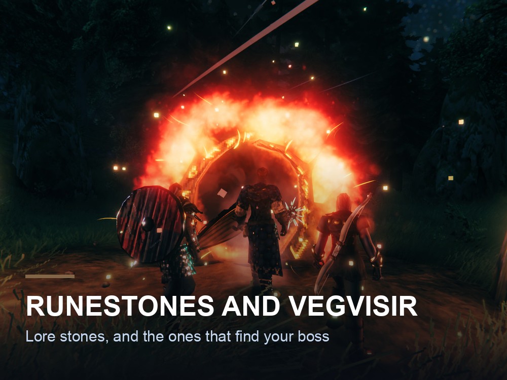 A runestone standing in a Valheim forest.