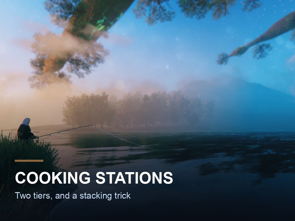 A Valheim kitchen with cooking stations over a fire.
