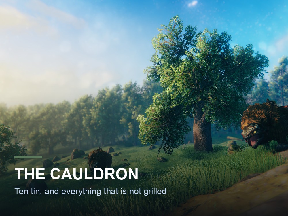 A Valheim kitchen with a cauldron over a fire.