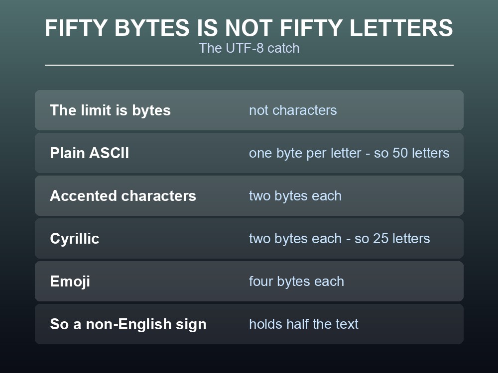 Card explaining Valheim's UTF-8 sign byte limit.
