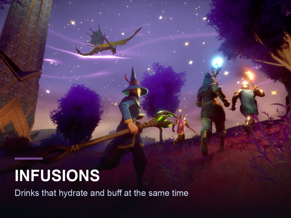 A night scene with adventurers under a purple sky in Dragonwilds.
