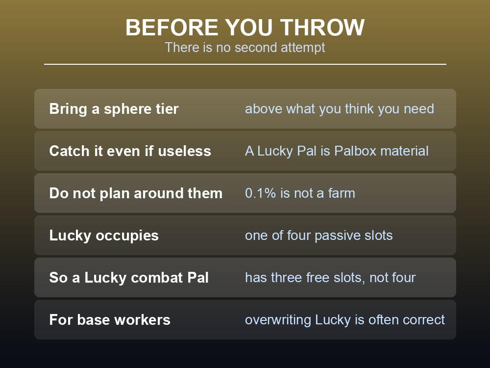 Card showing the Lucky passive occupying one of a Pal's four passive skill slots.