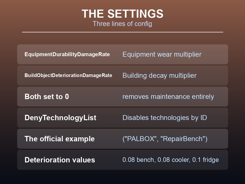 Card showing the DenyTechnologyList server setting with RepairBench as its documented example.