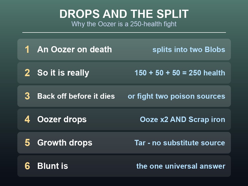 Card listing the correct approach to Valheim slimes: blunt, frost or fire by type, always at range.
