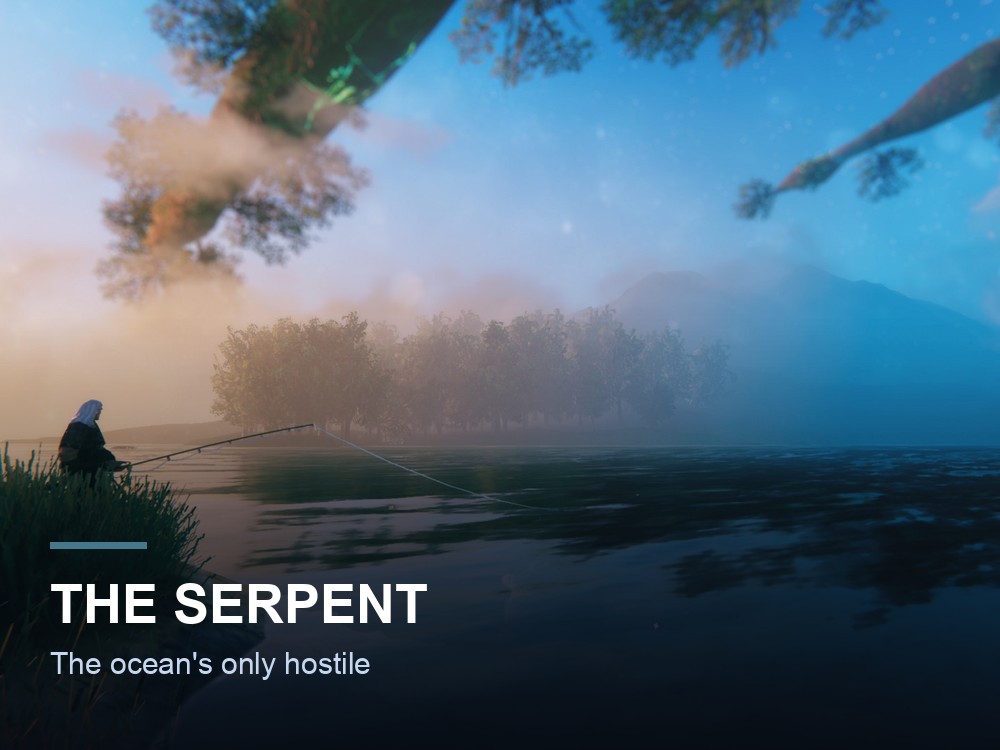 A serpent surfacing in the Valheim ocean.