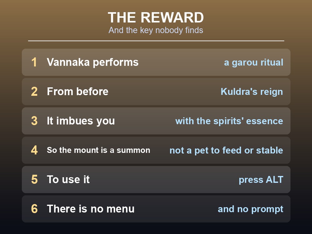 Card noting the garou ritual framing of the Wild Hunt reward.