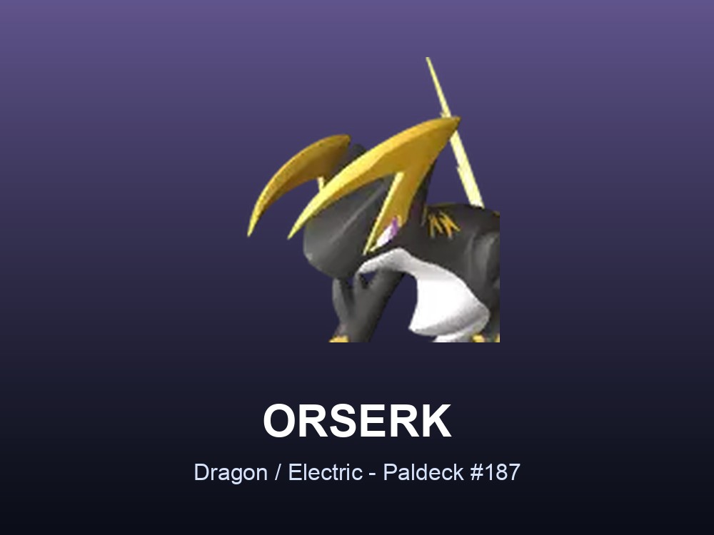 Orserk hero card showing the Dragon/Electric Pal Orserk, Paldeck #187, against a violet gradient.