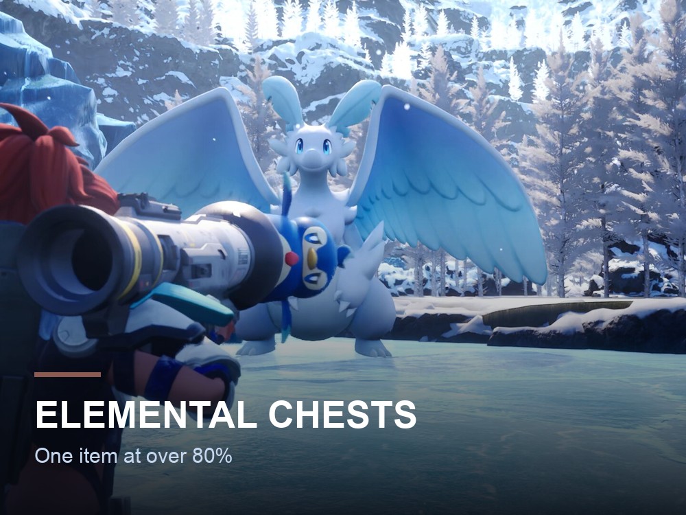 An elemental chest in a Palworld forest.