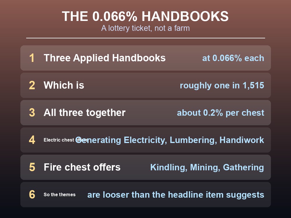 Card highlighting the Applied Handbook drops at 0.066% in Palworld elemental chests.