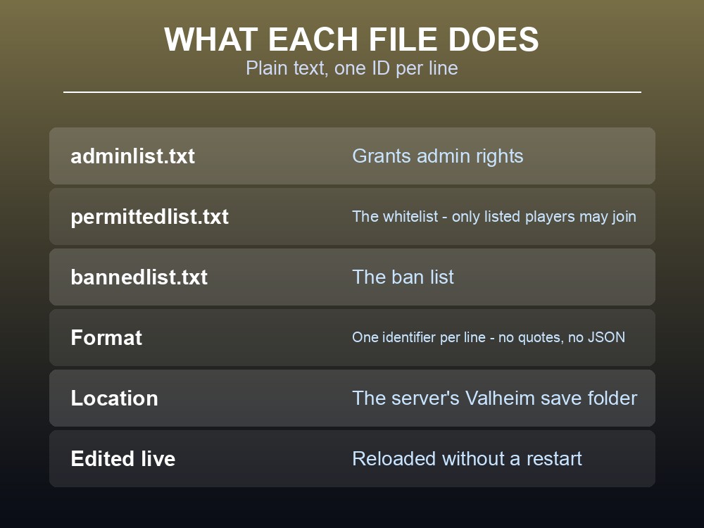 Card listing Valheim's three access control files and what each does.
