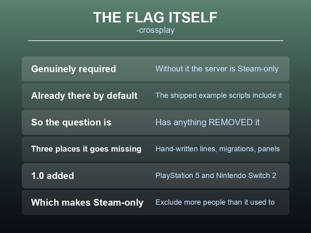 Card showing the -crossplay launch argument and where it already appears.