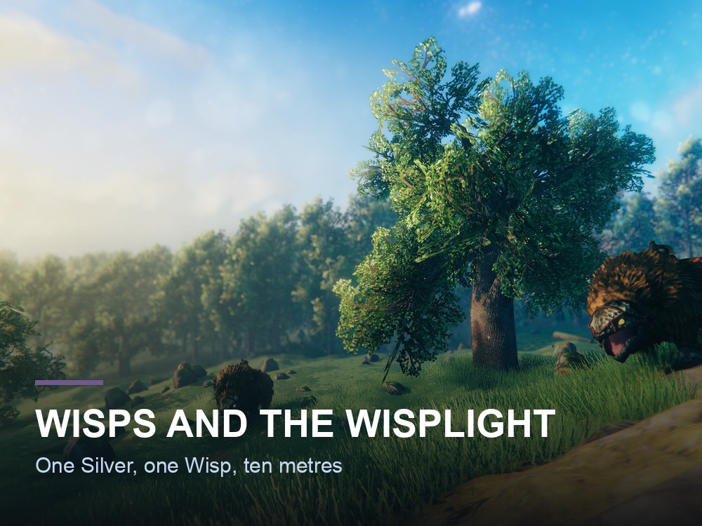 A wisp fountain at night in Valheim.
