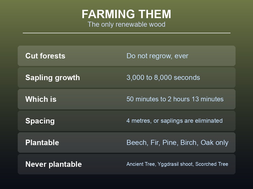 Card explaining Valheim tree farming spacing and growth times.