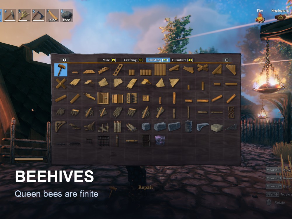 A beehive on a Valheim house wall.