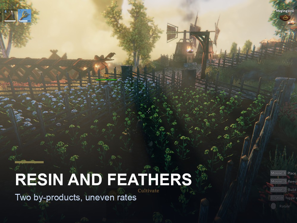 Resin and feathers in a Valheim inventory.
