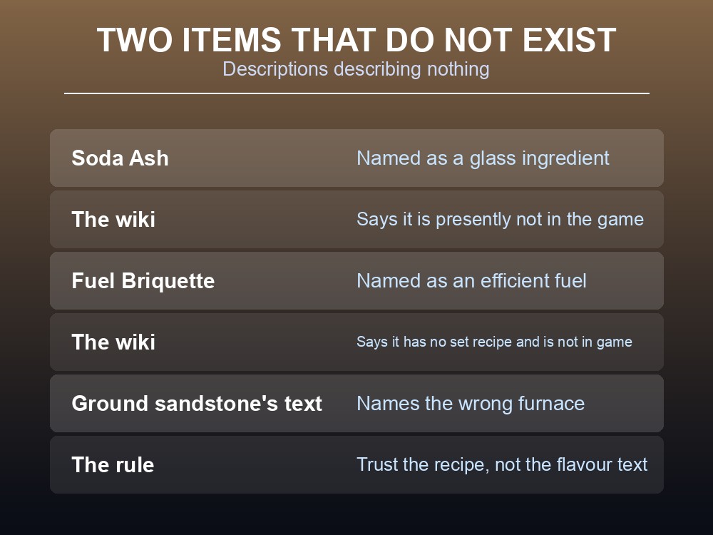 Card noting the two Dragonwilds glass and fuel items that do not exist yet.