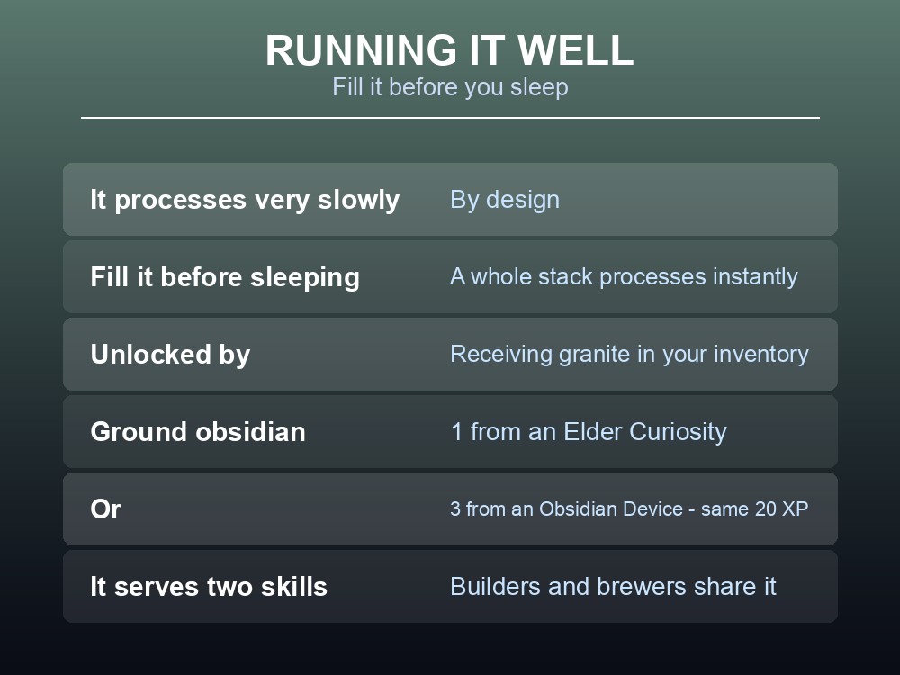 Card advising how to run a Dragonwilds grindstone efficiently.