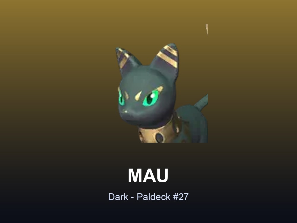 Mau hero card showing the Dark Pal Mau, Paldeck #27, against a gold gradient.