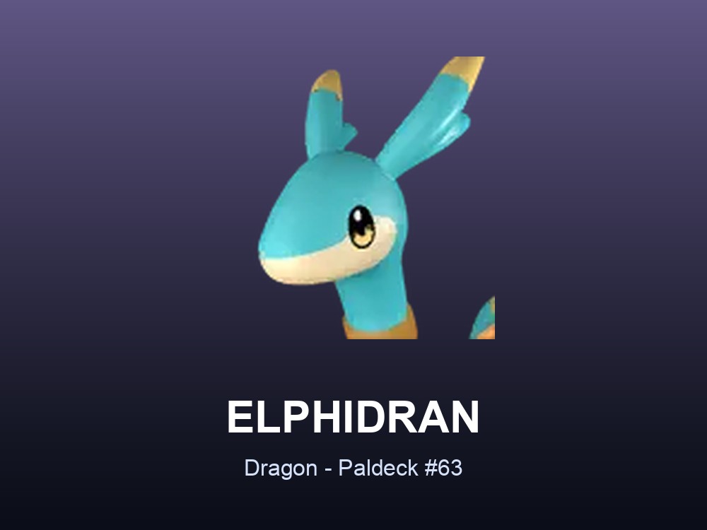 Elphidran hero card showing the Dragon Pal Elphidran, Paldeck #63, against a violet gradient.