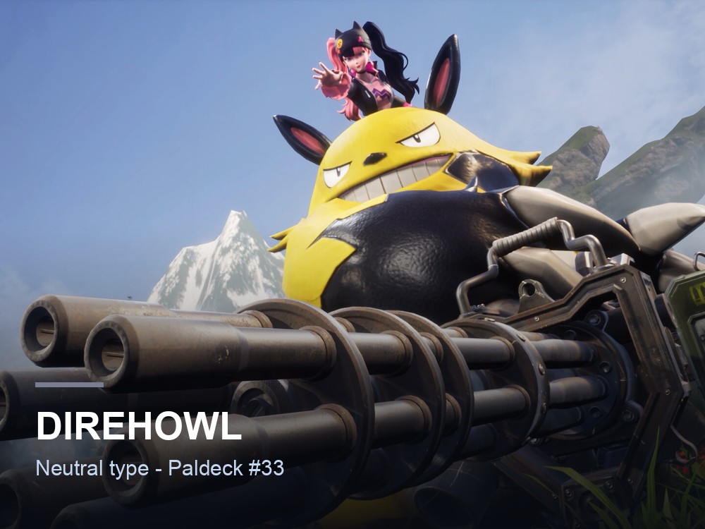 Direhowl hero card over a Palworld marketing screenshot, showing the Pal's name and Neutral typing.