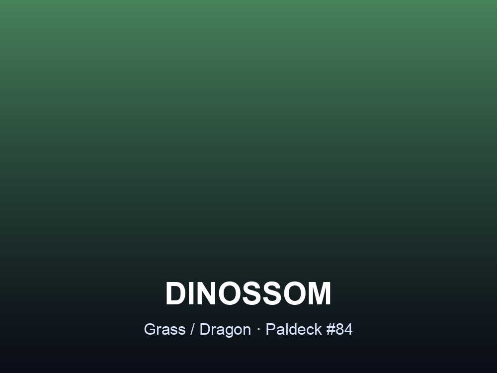 Dinossom hero card showing the Grass/Dragon Pal, Paldeck #84, against a green gradient.