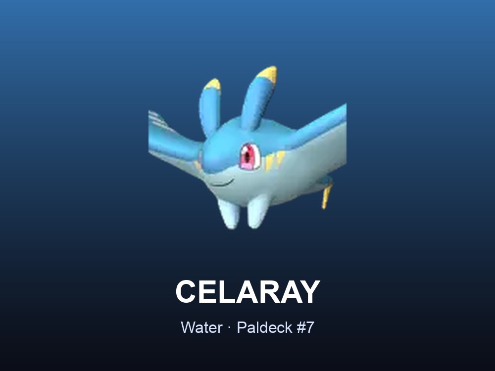 Celaray hero card showing the Water-type Pal, Paldeck #7, against a deep blue gradient.