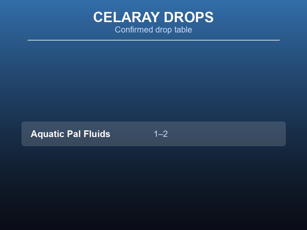 Table card listing Celaray's documented Aquatic Pal Fluids drop.