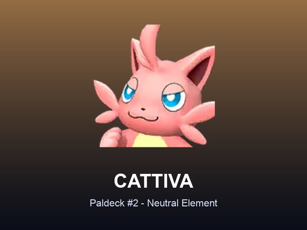 Cattiva hero card showing the Neutral-type Pal, Paldeck #2, against a warm gradient.
