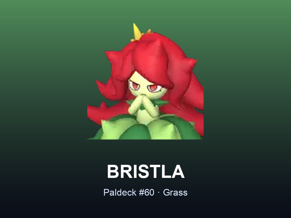 Bristla hero card showing the Grass-type Pal, Paldeck #60, against a green gradient.