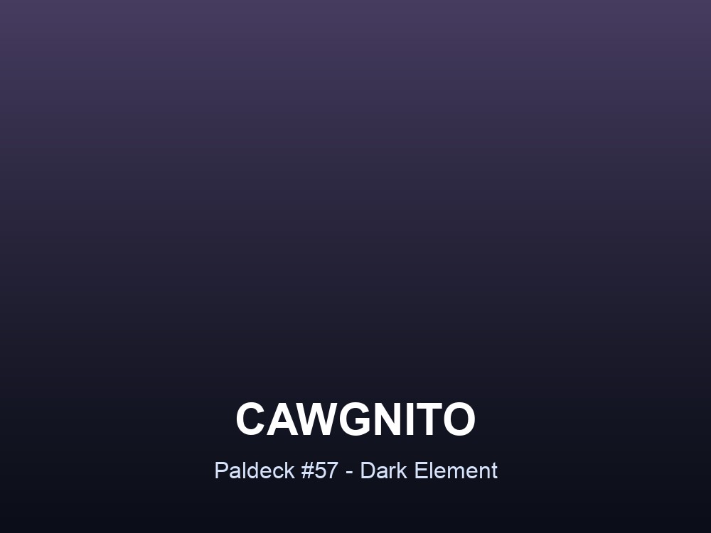 Cawgnito hero card showing the Dark-element Pal, Paldeck #57, against a dark gradient.