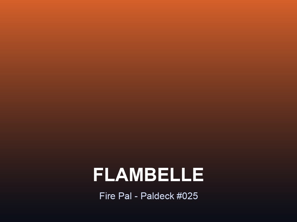 Flambelle hero card showing the Fire-type Pal Flambelle, Paldeck #025, against a warm orange gradient.