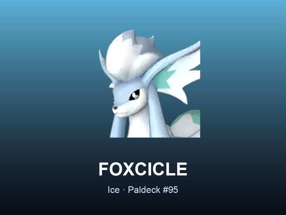 Foxcicle hero card showing the Ice-type Pal Foxcicle, Paldeck #95, against a frosty blue gradient.