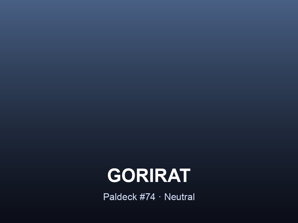 Gorirat hero card showing its name and Neutral typing against a slate-blue gradient.