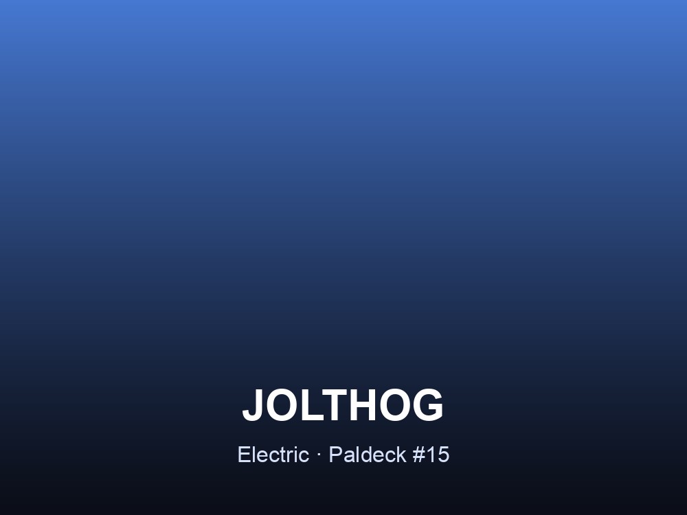 Jolthog hero card showing the Electric-element Pal Jolthog, Paldeck #15, on a charged blue gradient.