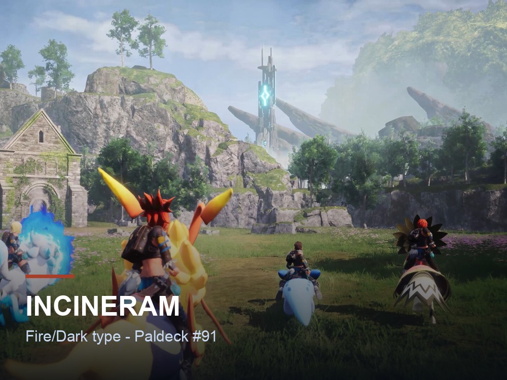 Incineram hero card over a Palworld marketing screenshot, showing the Pal's name and Fire/Dark typing.
