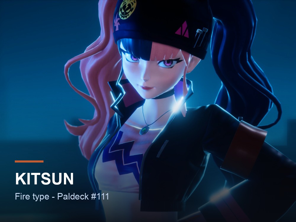 Kitsun hero card over a Palworld marketing screenshot, showing the Pal's name and Fire typing.