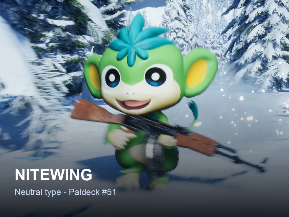 Nitewing hero card over a Palworld marketing screenshot, showing the Pal's name and Neutral typing.