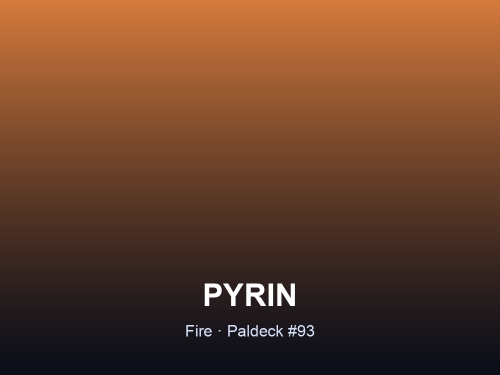 Pyrin hero card showing the Fire-type Pal Pyrin, Paldeck #93, against an orange gradient.
