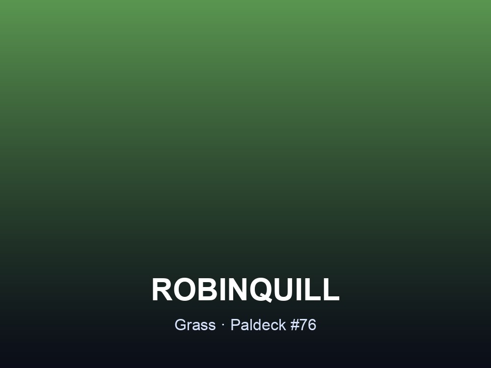 Robinquill hero card showing the Grass-element Pal Robinquill, Paldeck #76, on a green gradient.