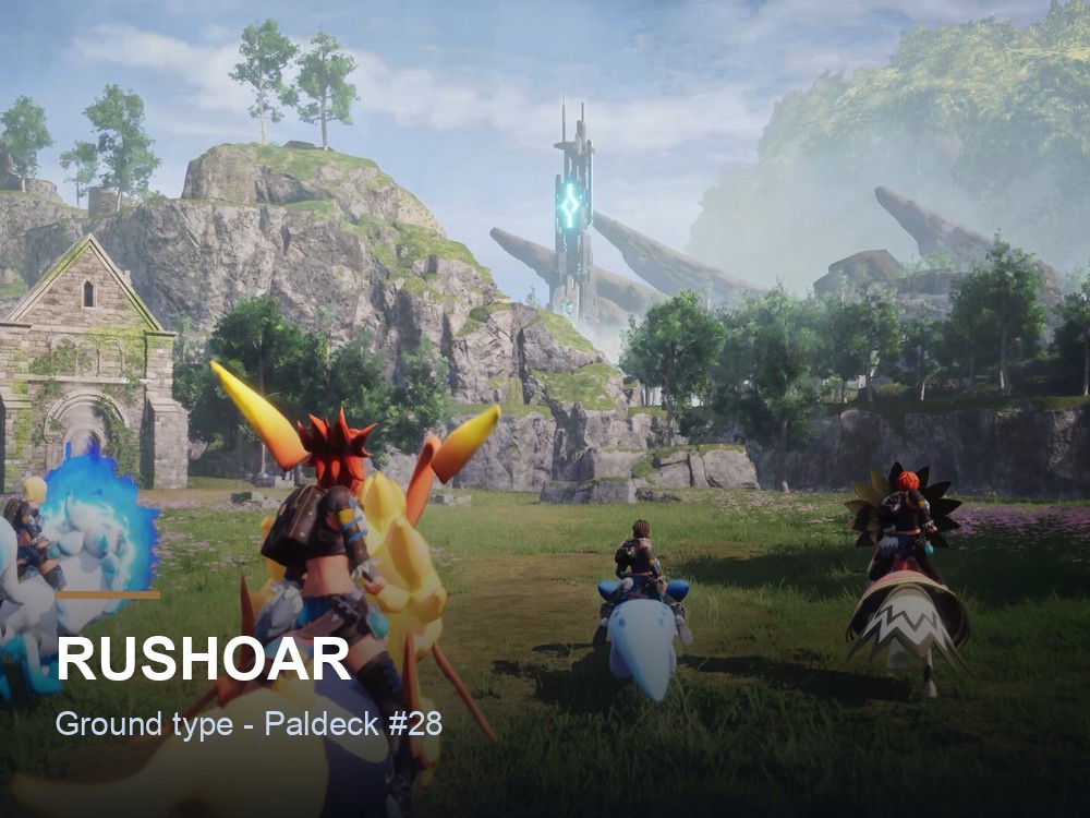 Rushoar hero card over a Palworld marketing screenshot, showing the Pal's name and Ground typing.