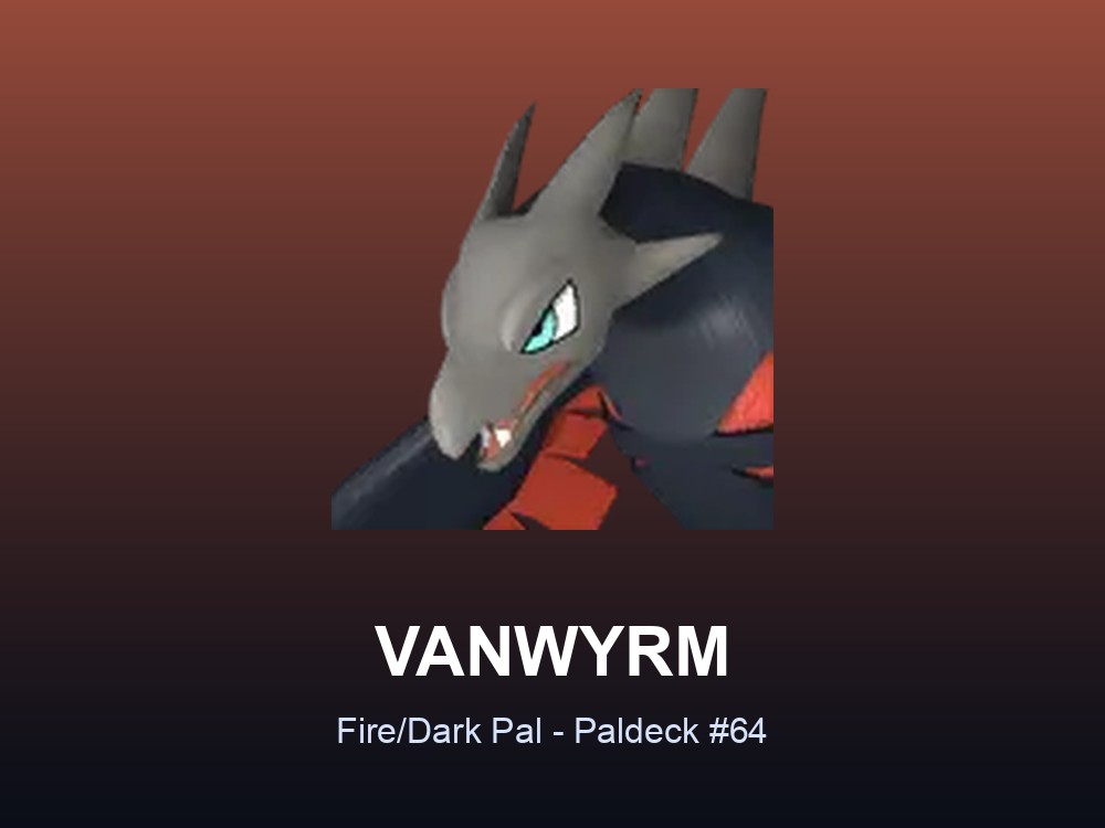 Vanwyrm hero card showing its name, dual Fire/Dark typing and Paldeck number.