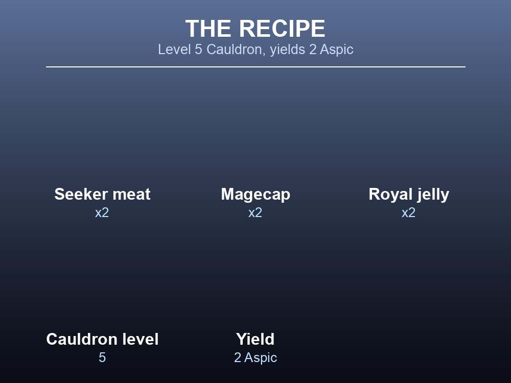 Card showing the three ingredients and quantities for Seeker aspic.