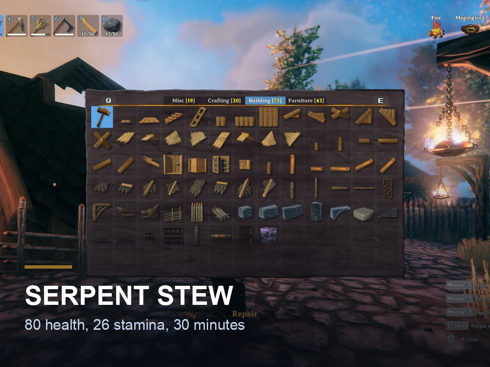 A Valheim cooking scene over an open fire.