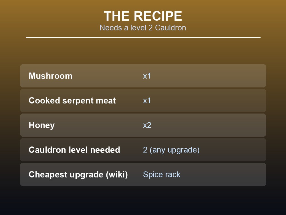 Card showing the Serpent stew recipe and cauldron requirement.