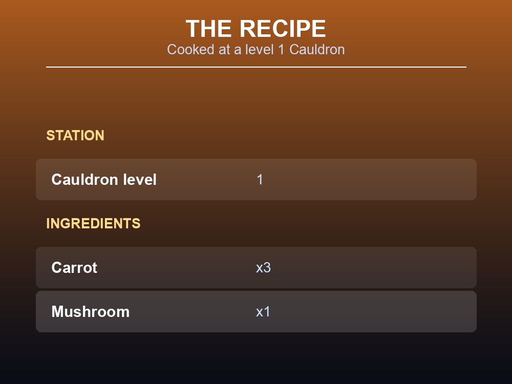 Card listing Carrot Soup's Cauldron level and ingredient list.
