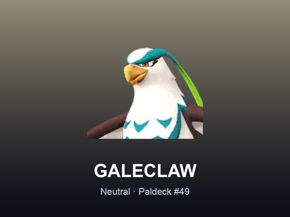 Galeclaw hero card showing the Neutral-element Pal, Paldeck #49, on a warm neutral gradient.