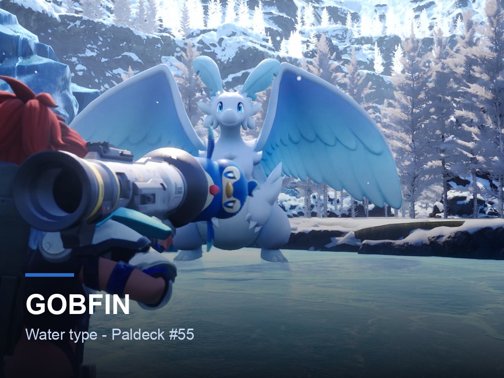 Gobfin hero card over Palworld promotional art, showing the Pal's name and Water typing.