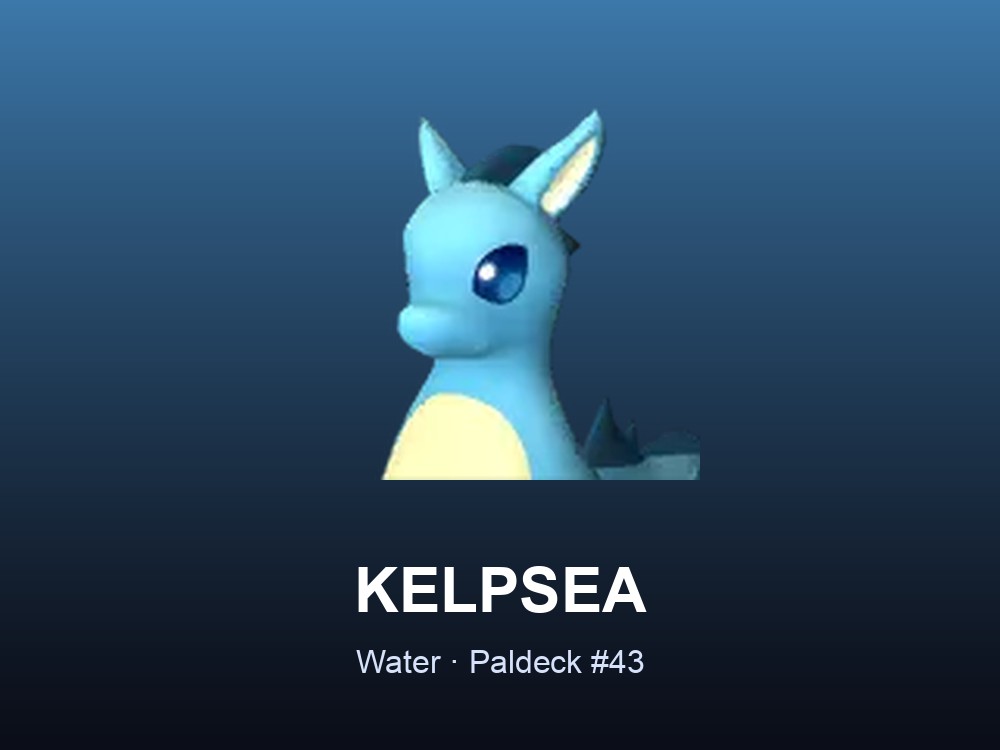 Kelpsea hero card showing the Water-element Pal, Paldeck #43, on a blue gradient.
