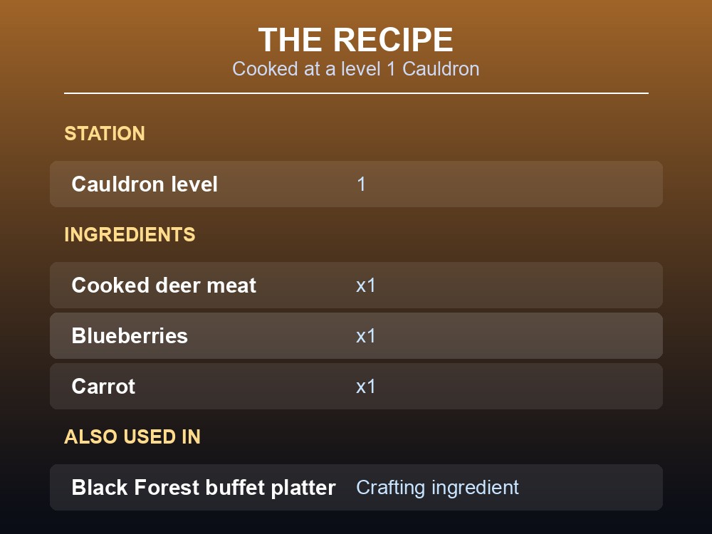 Card listing Deer Stew's Cauldron level and ingredient list.