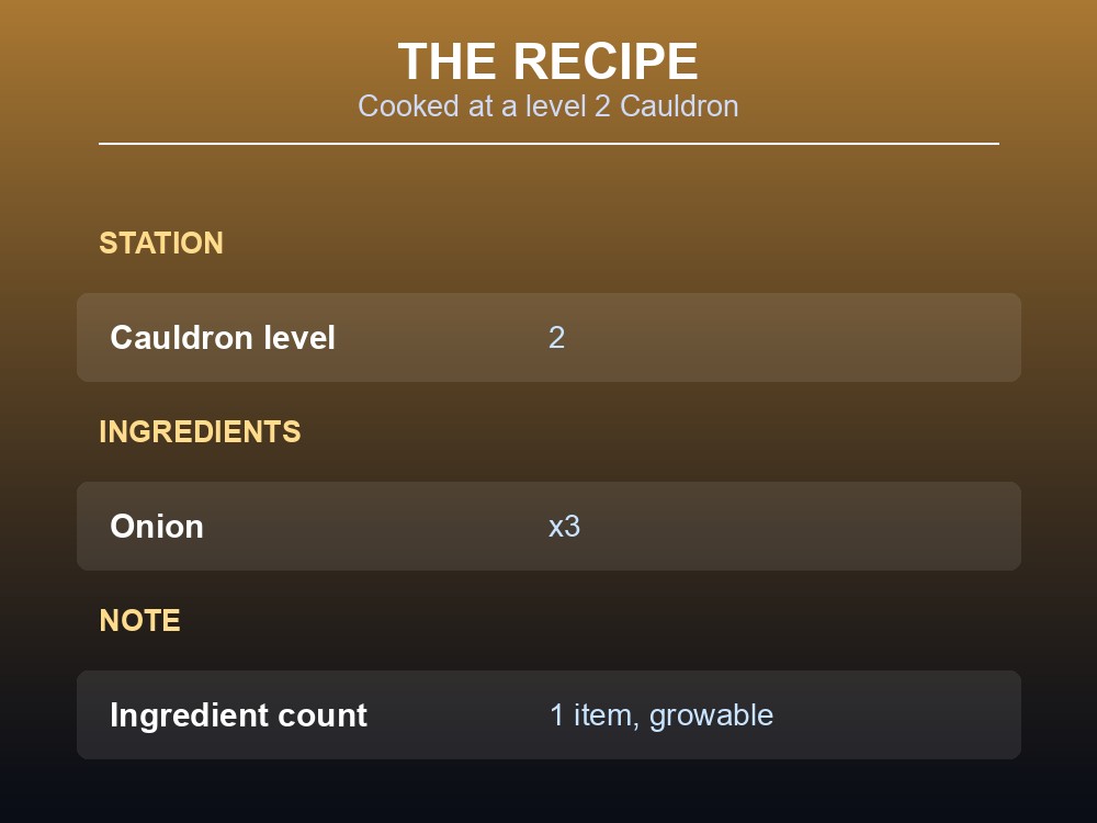 Card listing Onion Soup's Cauldron level and single-ingredient recipe.